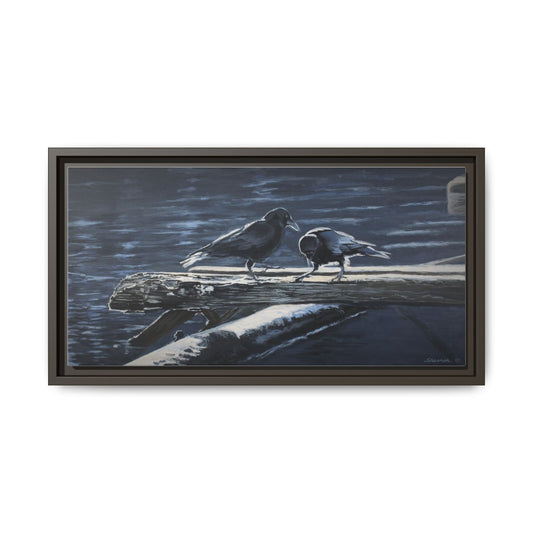 Framed Matte Canvas Print — Two Seagulls on Dock at Dusk