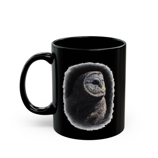 Owl Portrait Black Mug — Detailed Barred Owl Coffee Cup (11oz & 15oz)