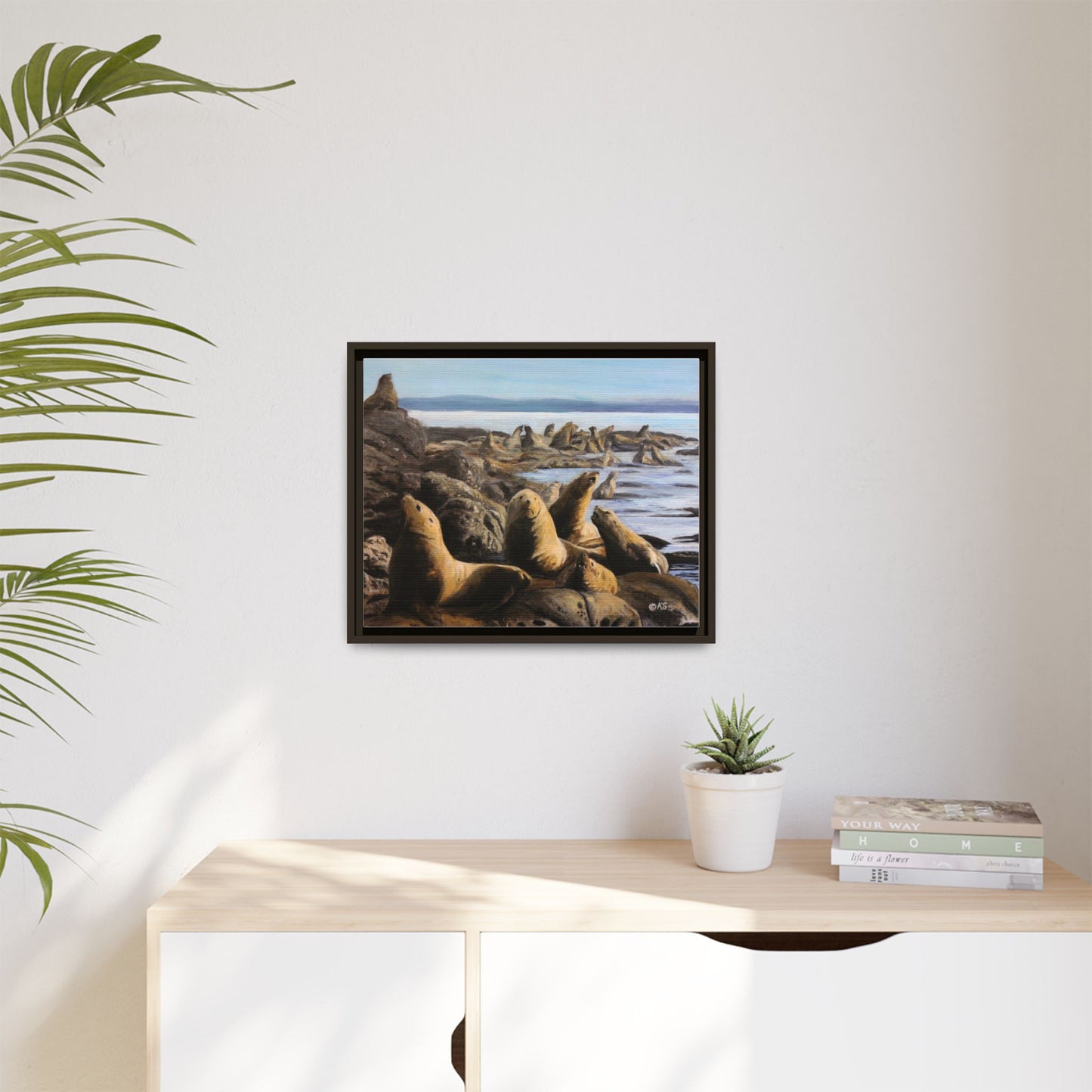 Framed Sea Lion Beach Canvas Print — Coastal Wildlife Wall Art