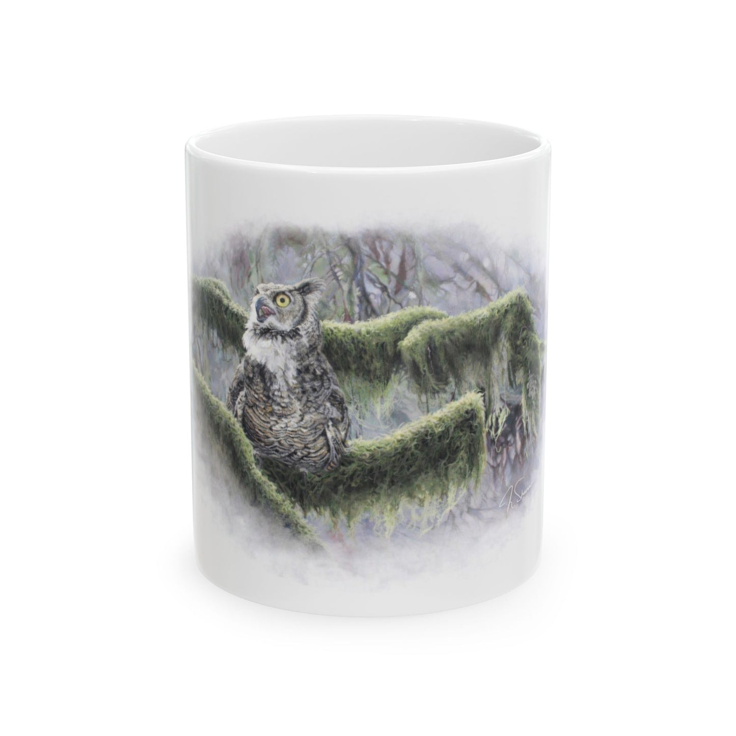 Owl in Mossy Forest Ceramic Mug — Mystical Woodland Coffee Cup (11oz/15oz)