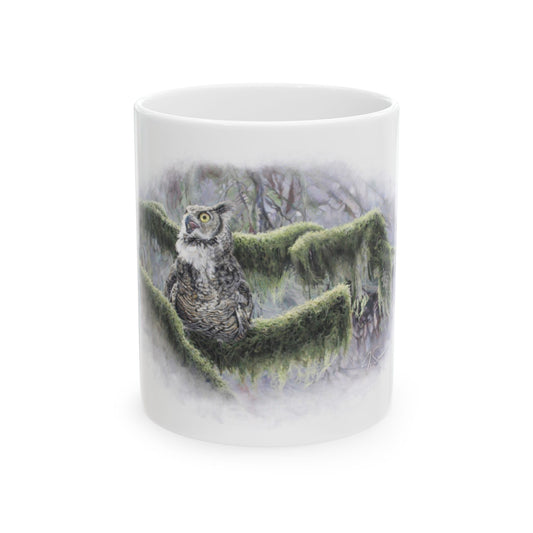 Owl in Mossy Forest Ceramic Mug — Mystical Woodland Coffee Cup (11oz/15oz)