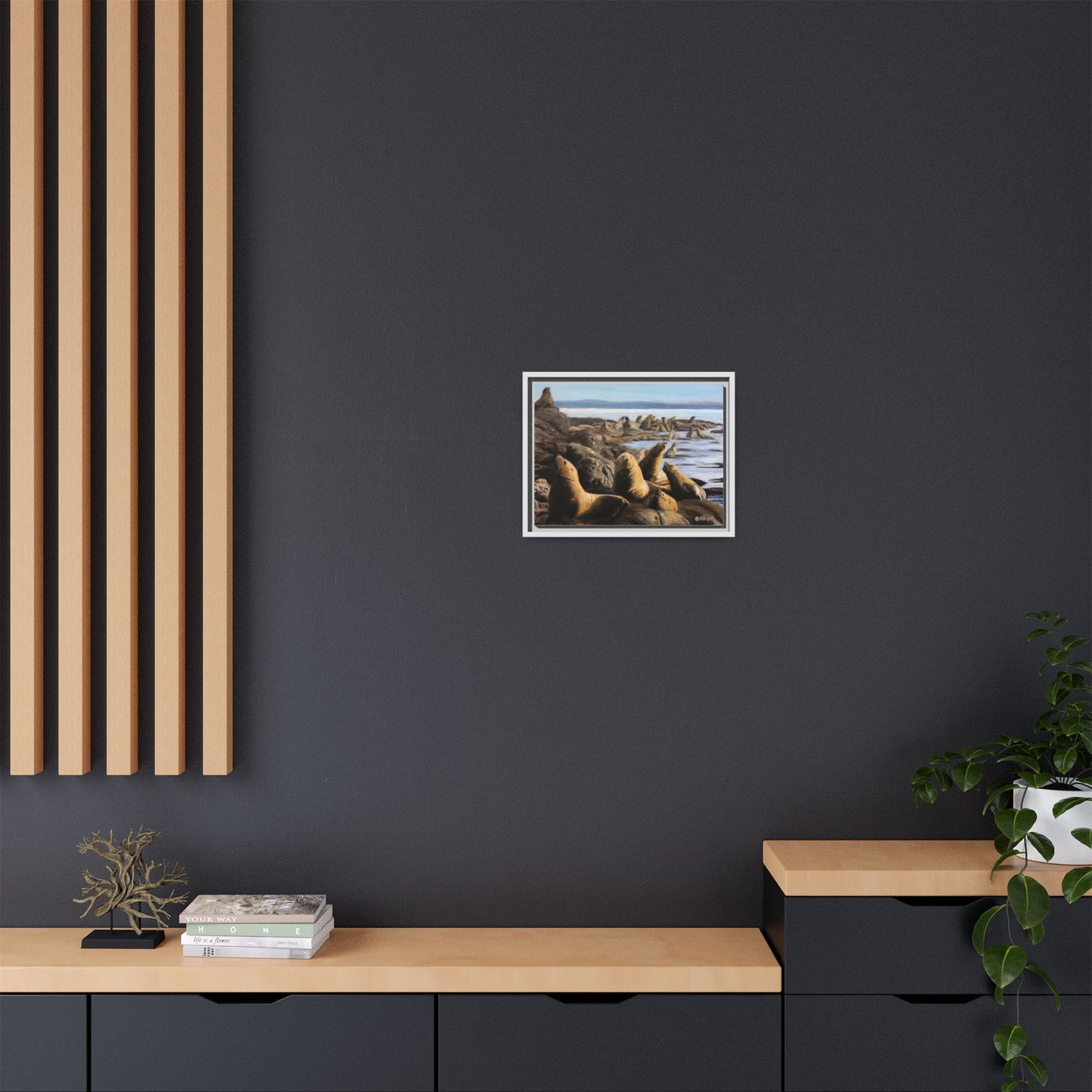 Framed Sea Lion Beach Canvas Print — Coastal Wildlife Wall Art