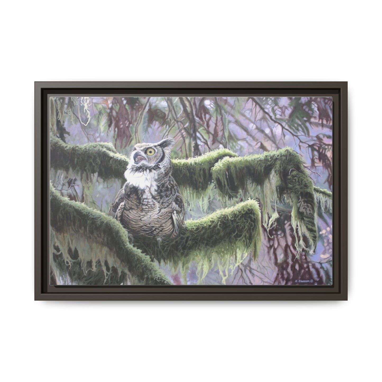 Framed Matte Canvas: Great Horned Owl in Mossy Forest — Wildlife Wall Art