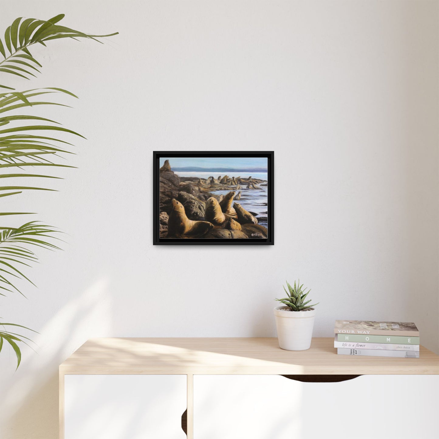 Framed Sea Lion Beach Canvas Print — Coastal Wildlife Wall Art