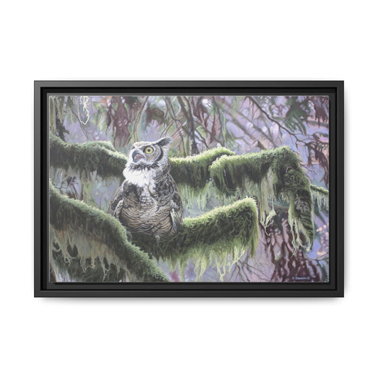 Framed Matte Canvas: Great Horned Owl in Mossy Forest — Wildlife Wall Art