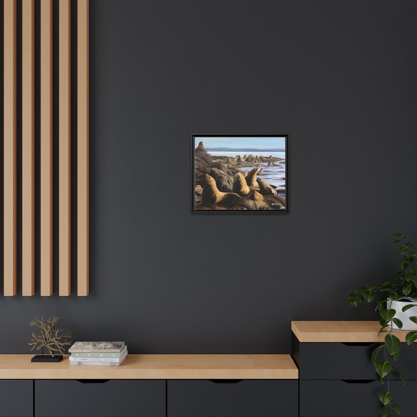 Framed Sea Lion Beach Canvas Print — Coastal Wildlife Wall Art