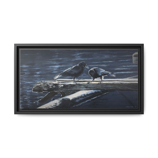 Framed Matte Canvas Print — Two Seagulls on Dock at Dusk