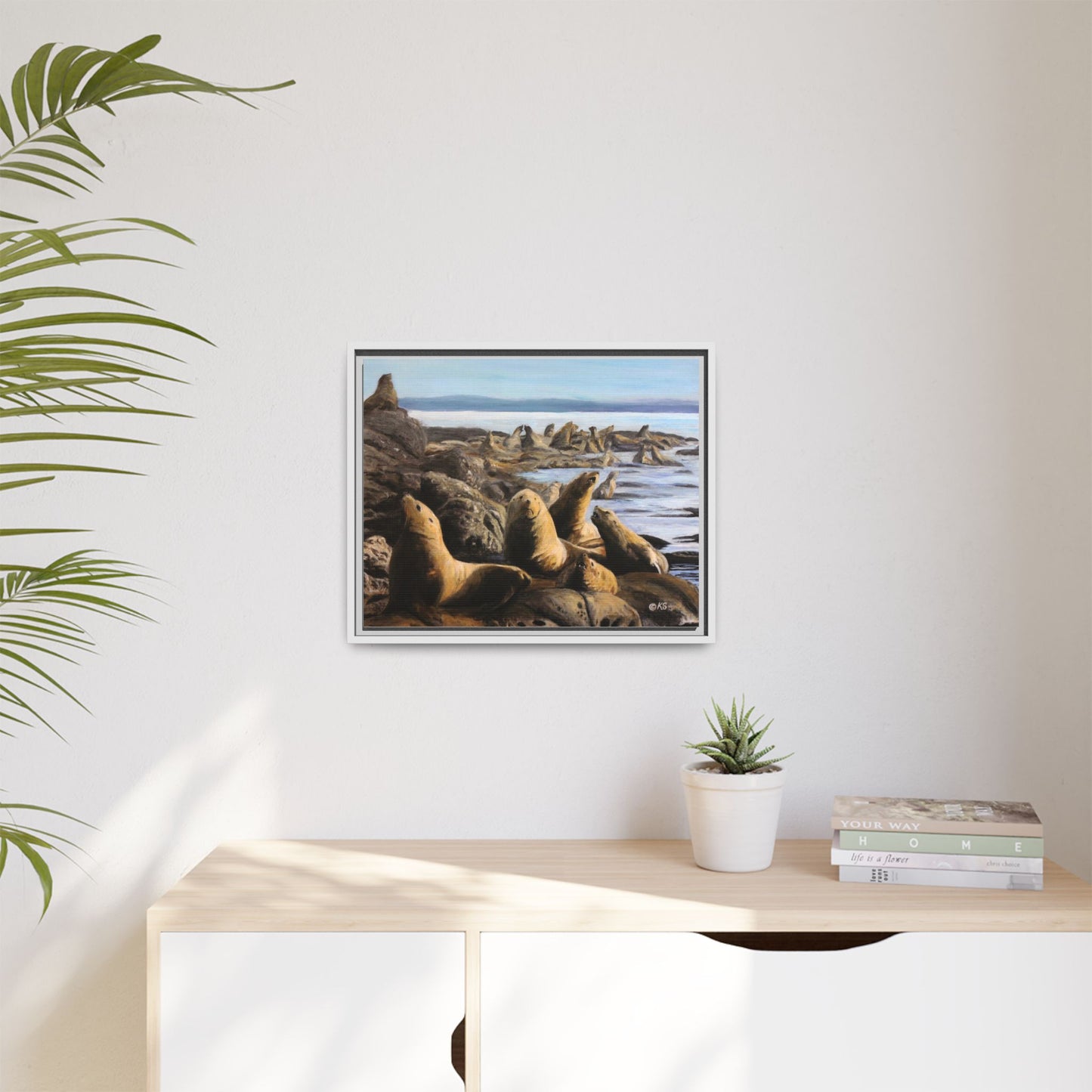 Framed Sea Lion Beach Canvas Print — Coastal Wildlife Wall Art