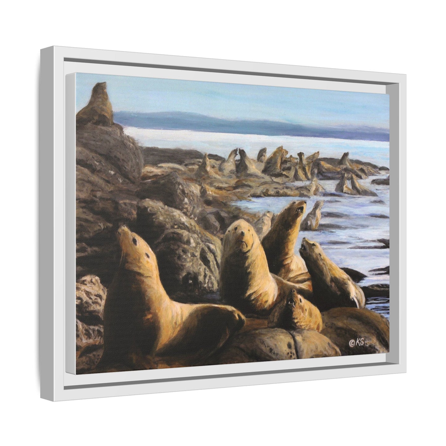 Framed Sea Lion Beach Canvas Print — Coastal Wildlife Wall Art