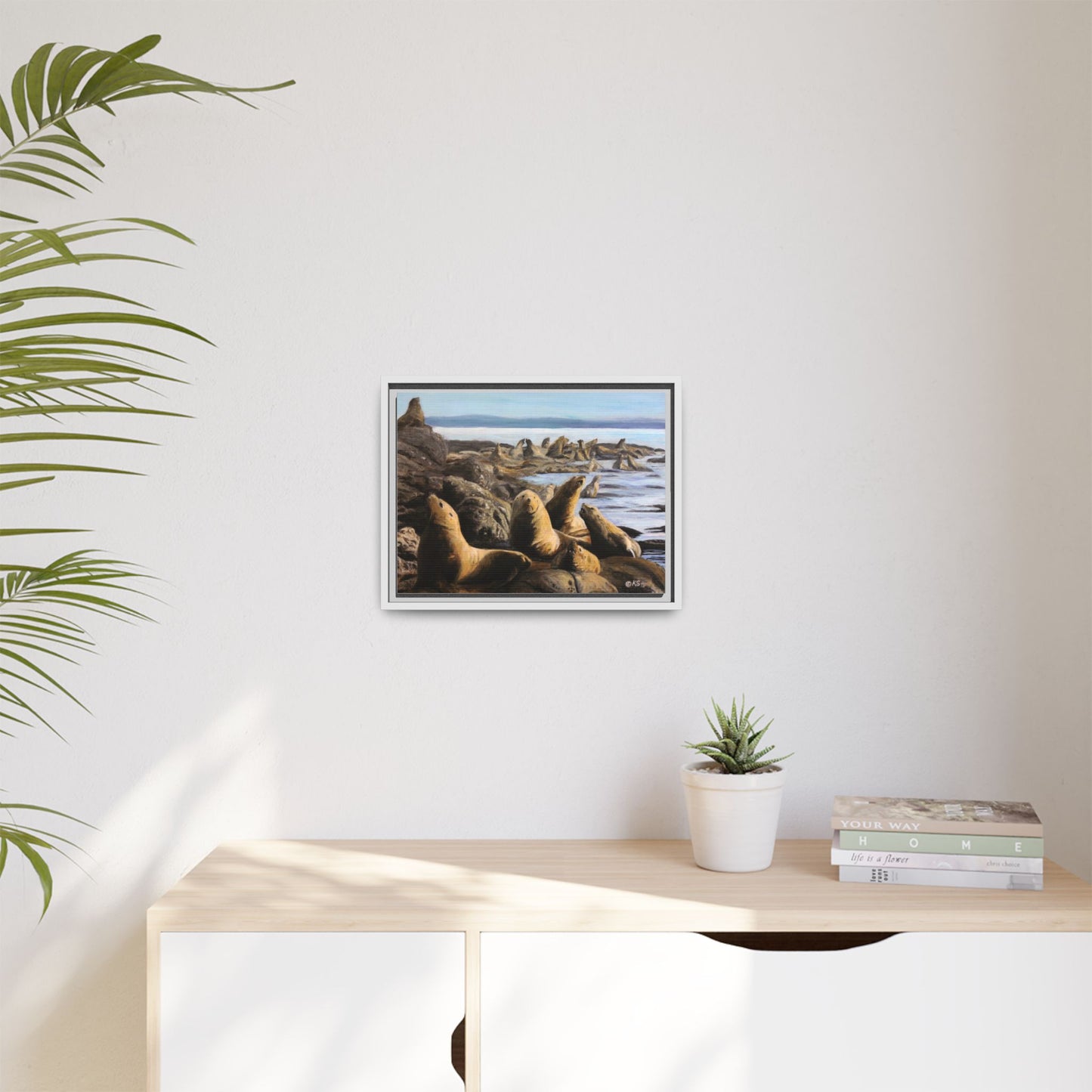 Framed Sea Lion Beach Canvas Print — Coastal Wildlife Wall Art