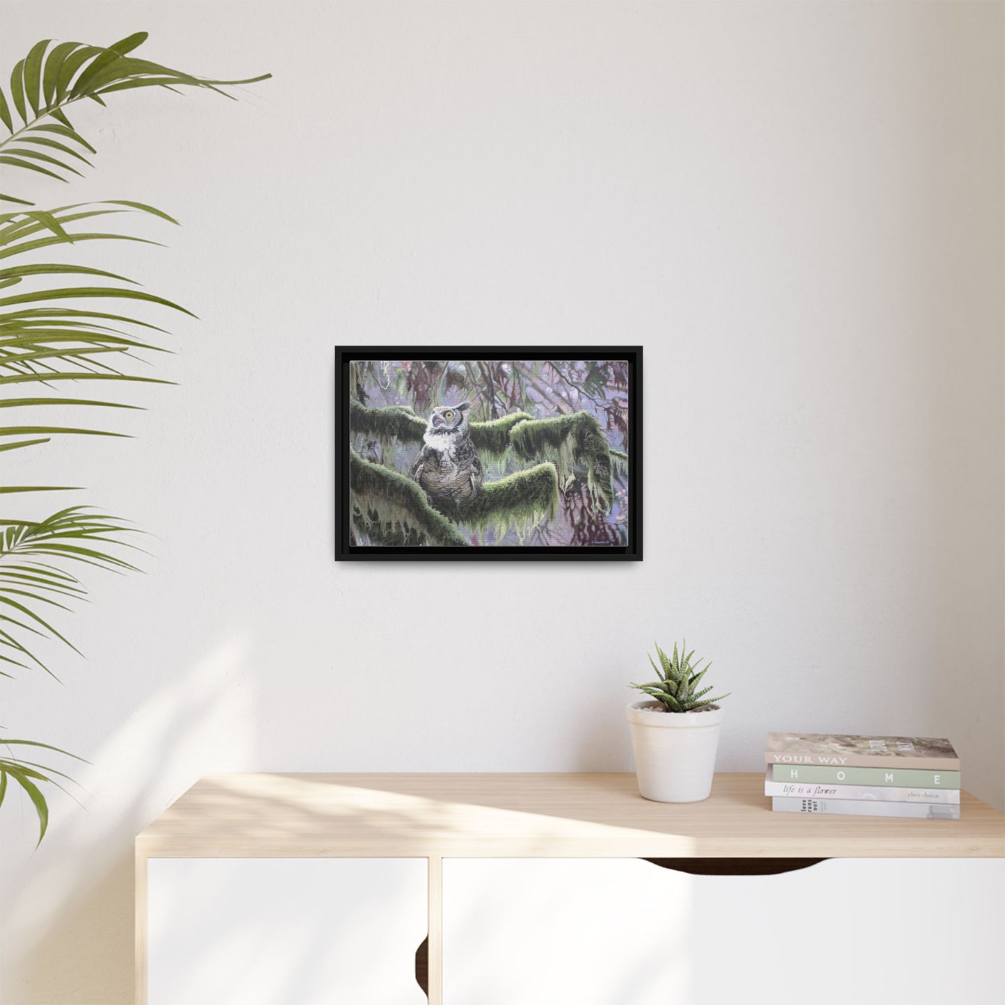 Framed Matte Canvas: Great Horned Owl in Mossy Forest — Wildlife Wall Art