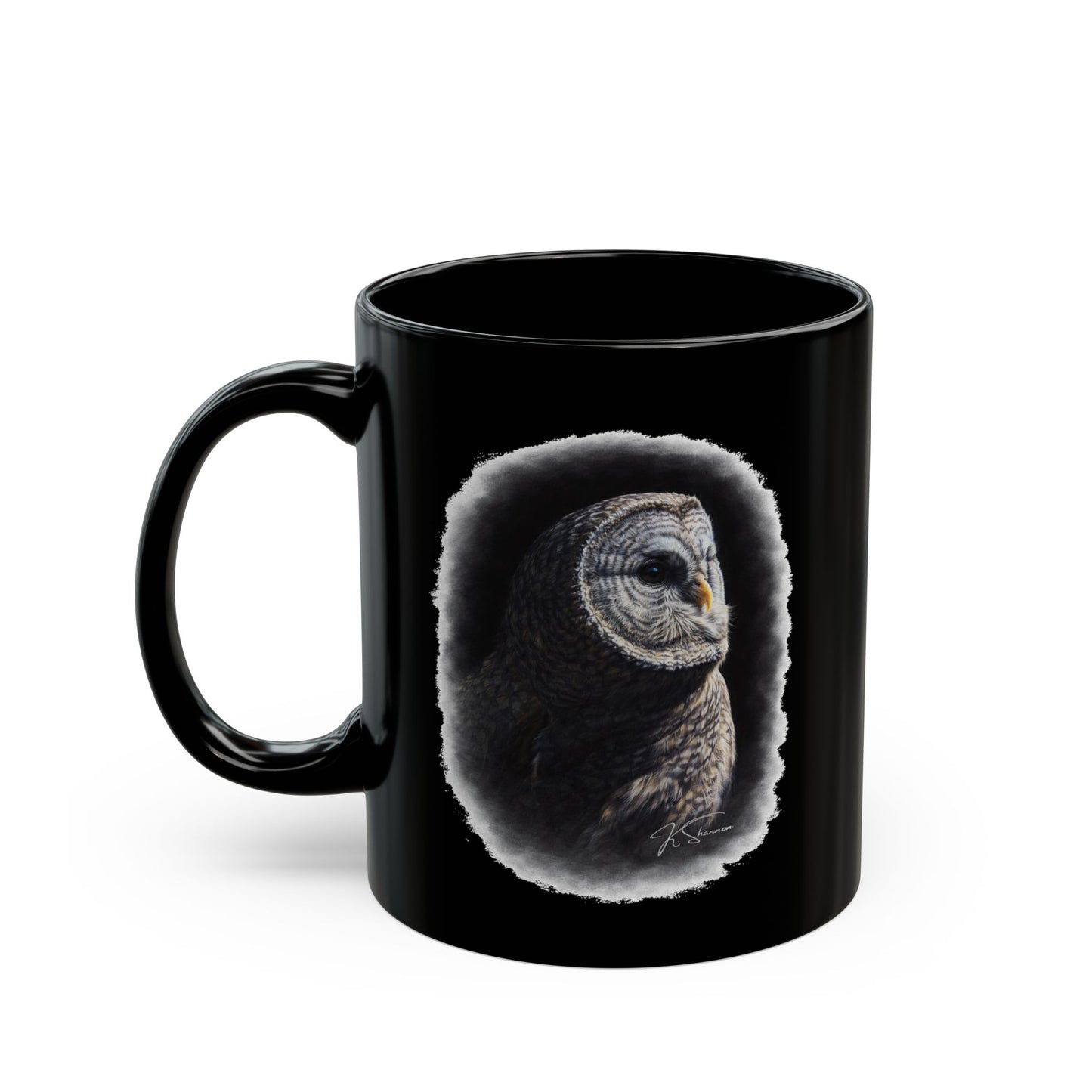 Owl Portrait Black Mug — Detailed Barred Owl Coffee Cup (11oz & 15oz)