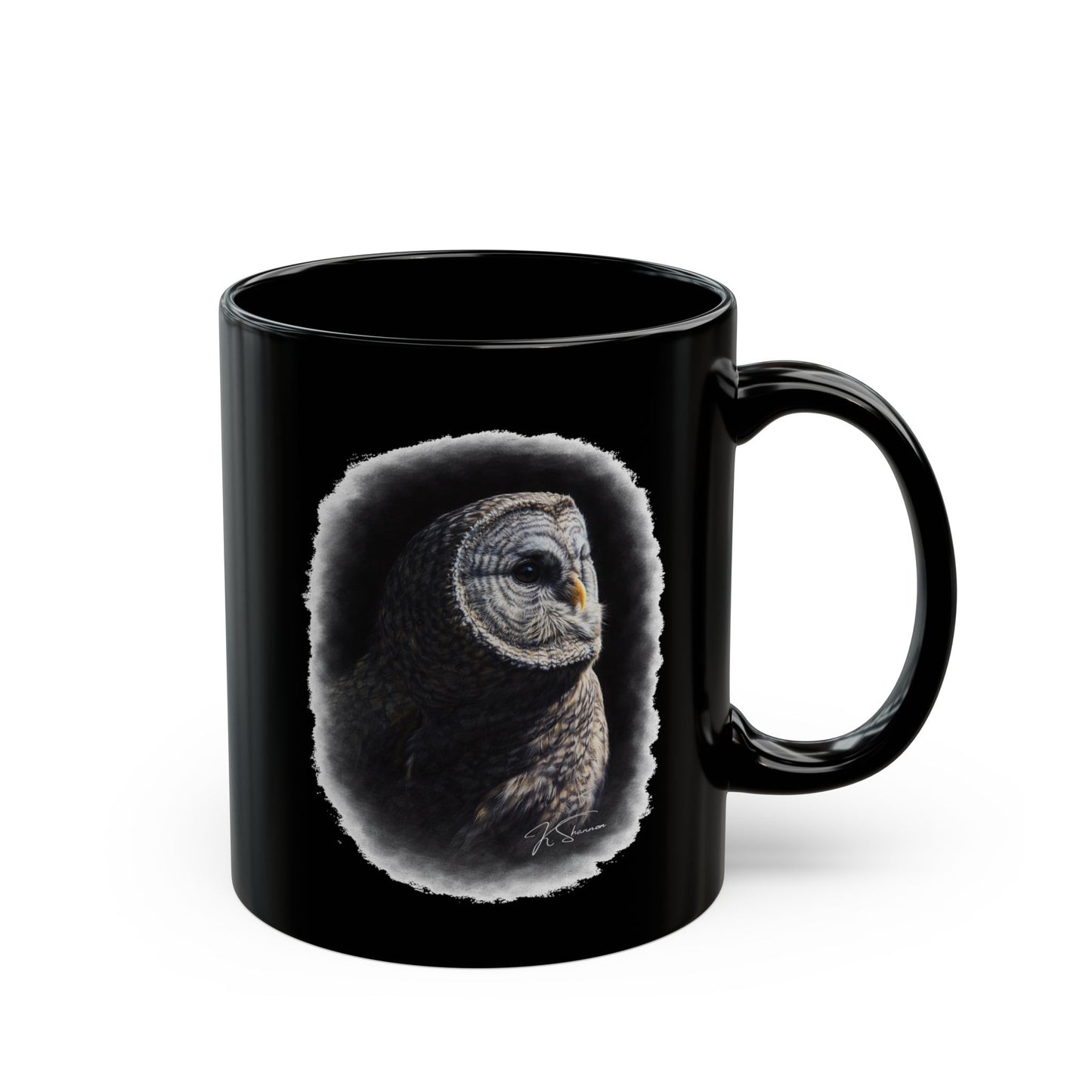 Owl Portrait Black Mug — Detailed Barred Owl Coffee Cup (11oz & 15oz)