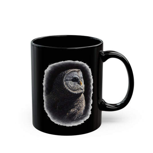 Owl Portrait Black Mug — Detailed Barred Owl Coffee Cup (11oz & 15oz)