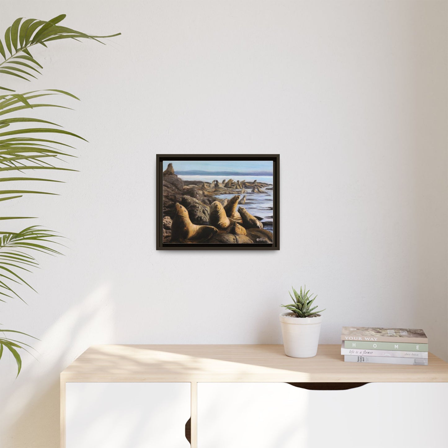 Framed Sea Lion Beach Canvas Print — Coastal Wildlife Wall Art