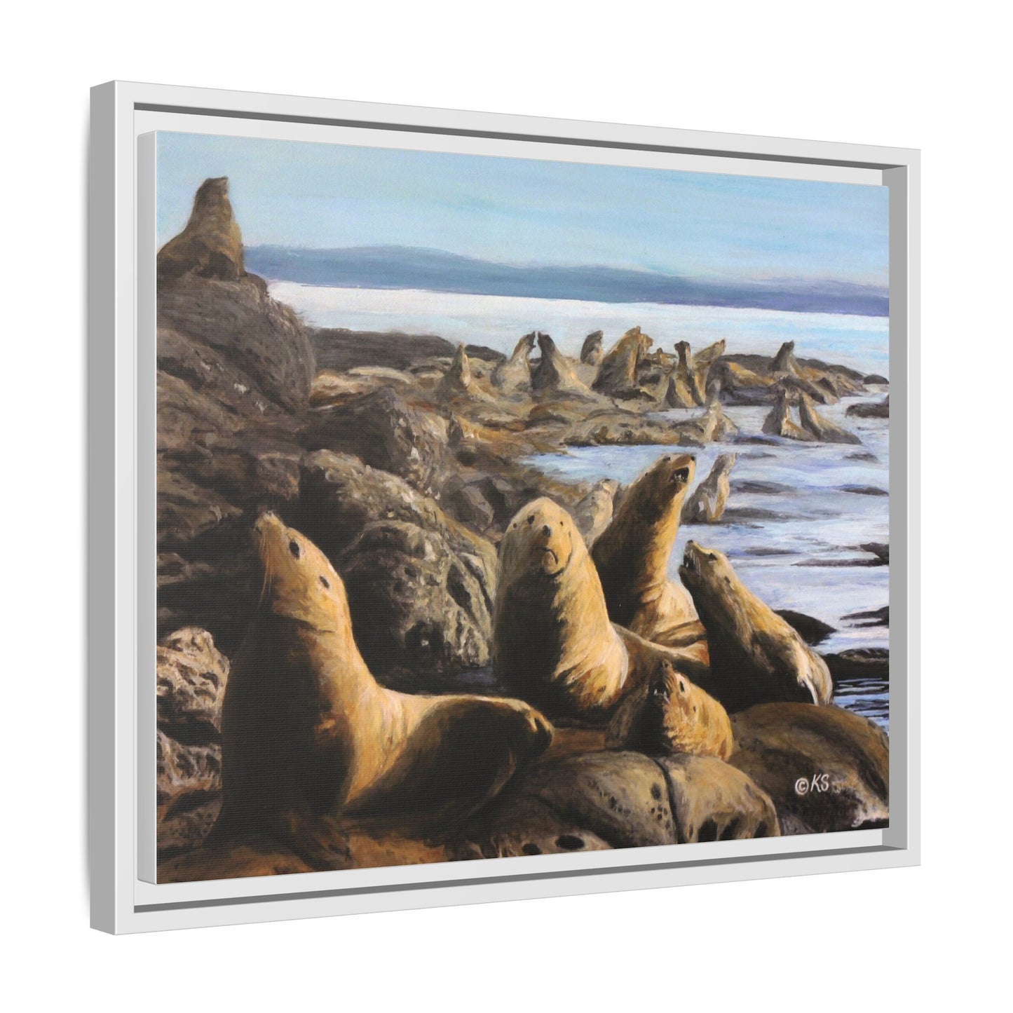 Framed Sea Lion Beach Canvas Print — Coastal Wildlife Wall Art