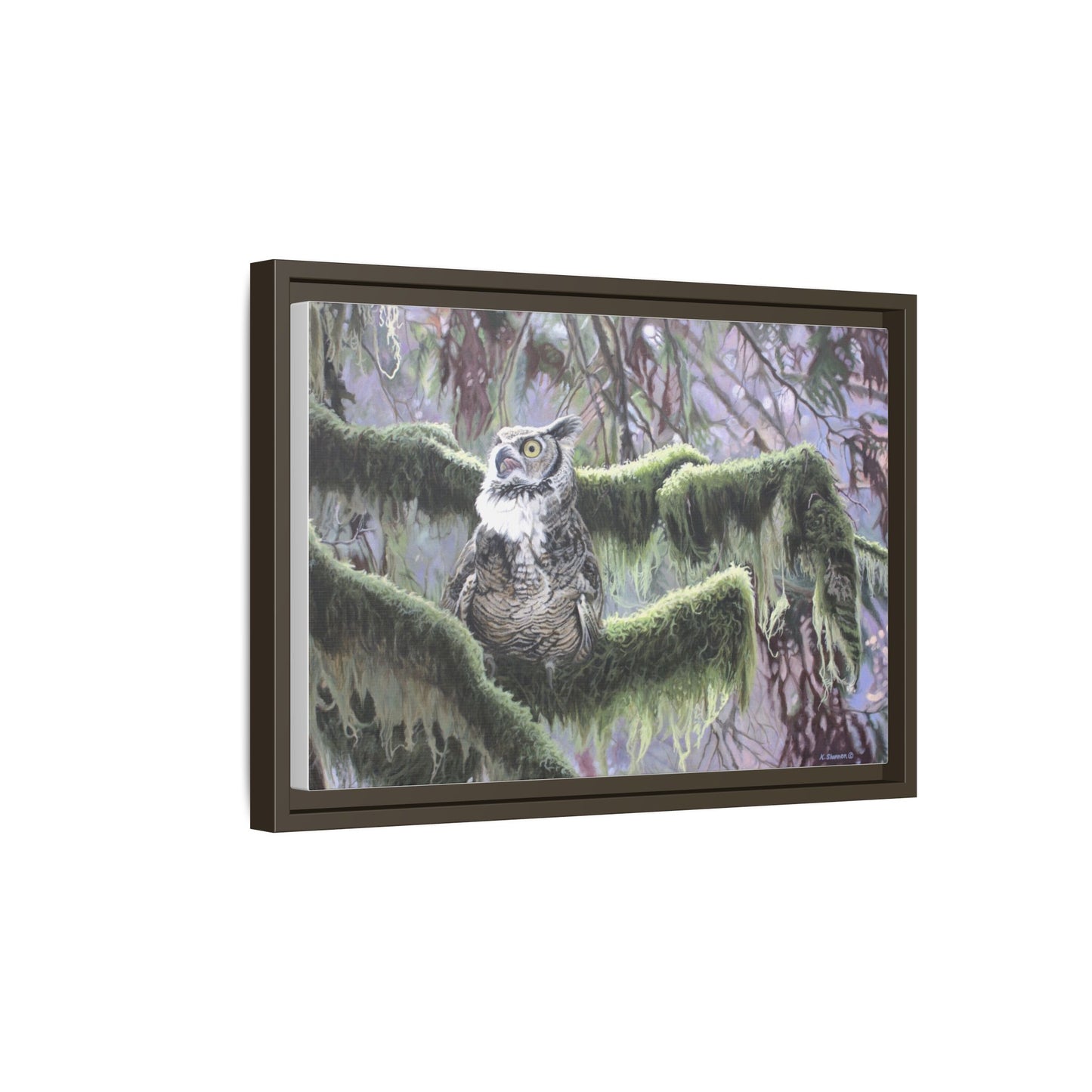Framed Matte Canvas: Great Horned Owl in Mossy Forest — Wildlife Wall Art