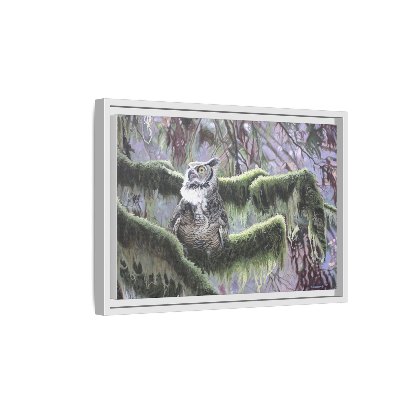 Framed Matte Canvas: Great Horned Owl in Mossy Forest — Wildlife Wall Art