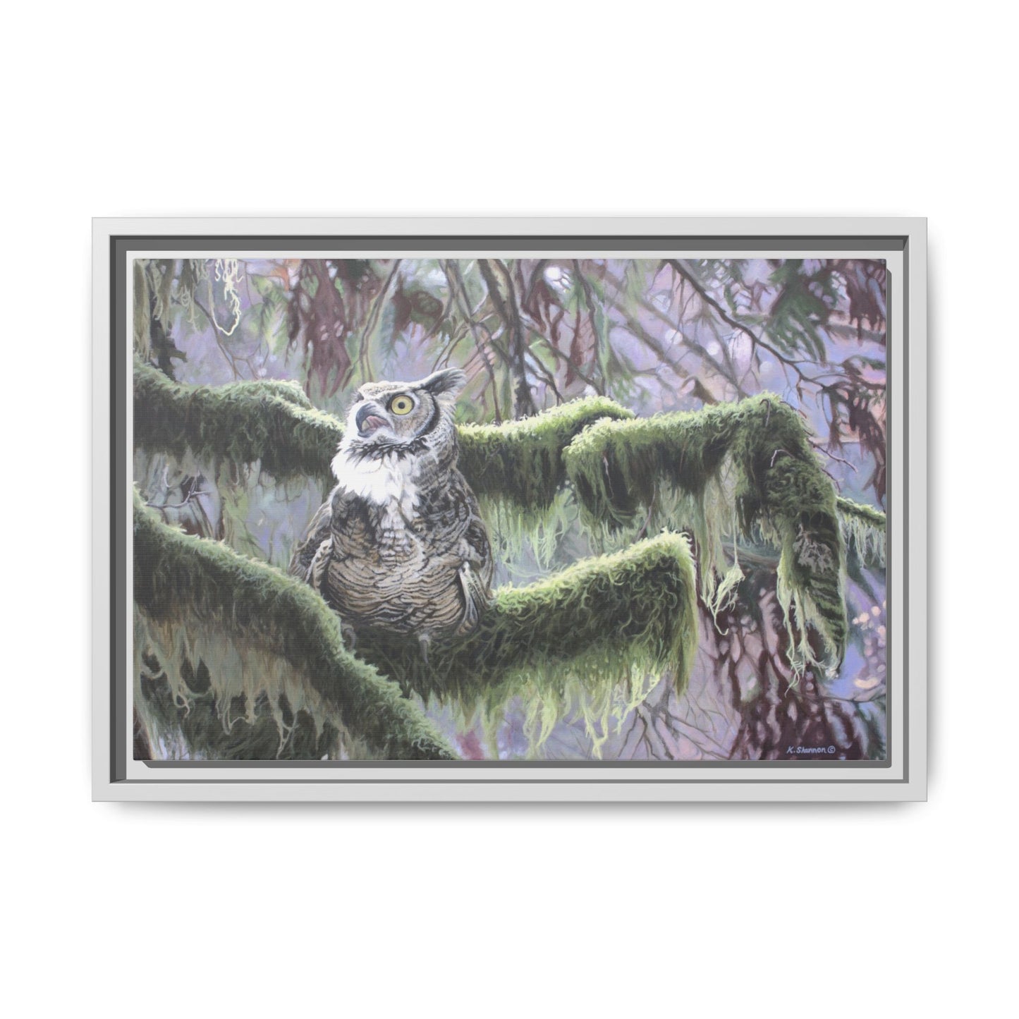 Framed Matte Canvas: Great Horned Owl in Mossy Forest — Wildlife Wall Art